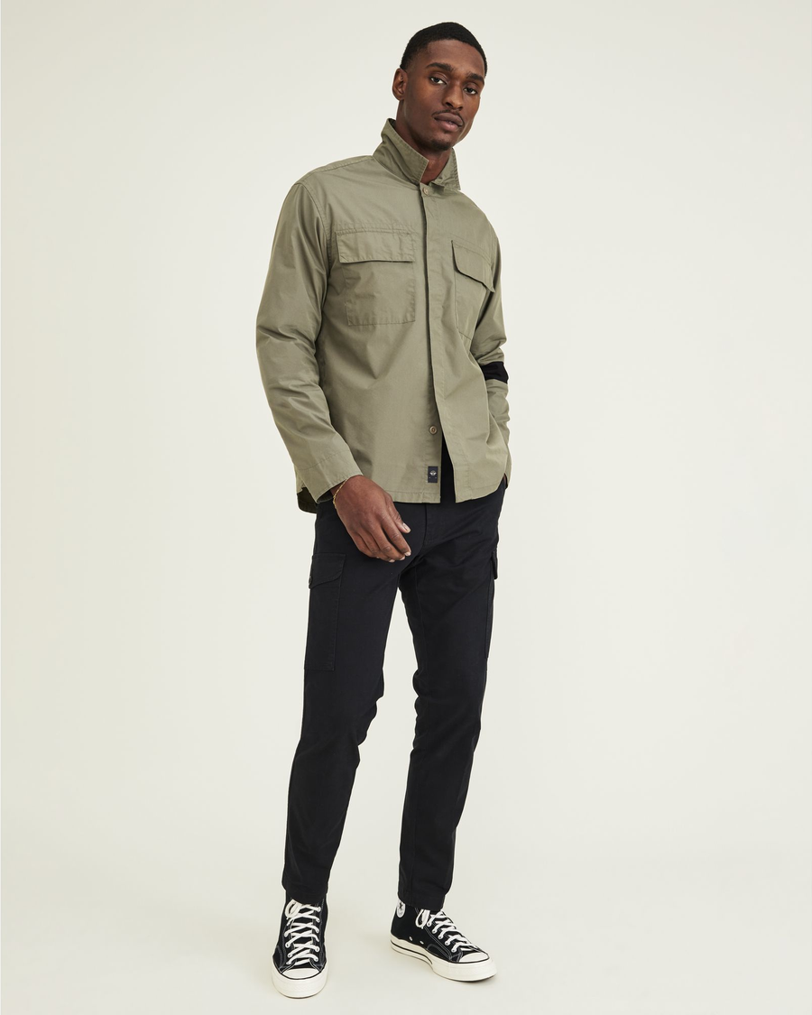 View of model wearing Camo Utility Shirt, Relaxed Fit.