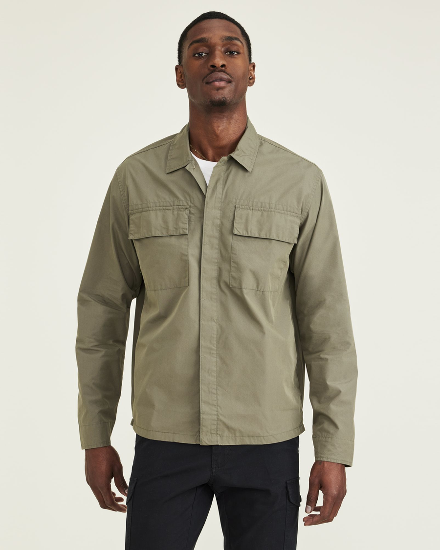 Front view of model wearing Camo Utility Shirt, Relaxed Fit.