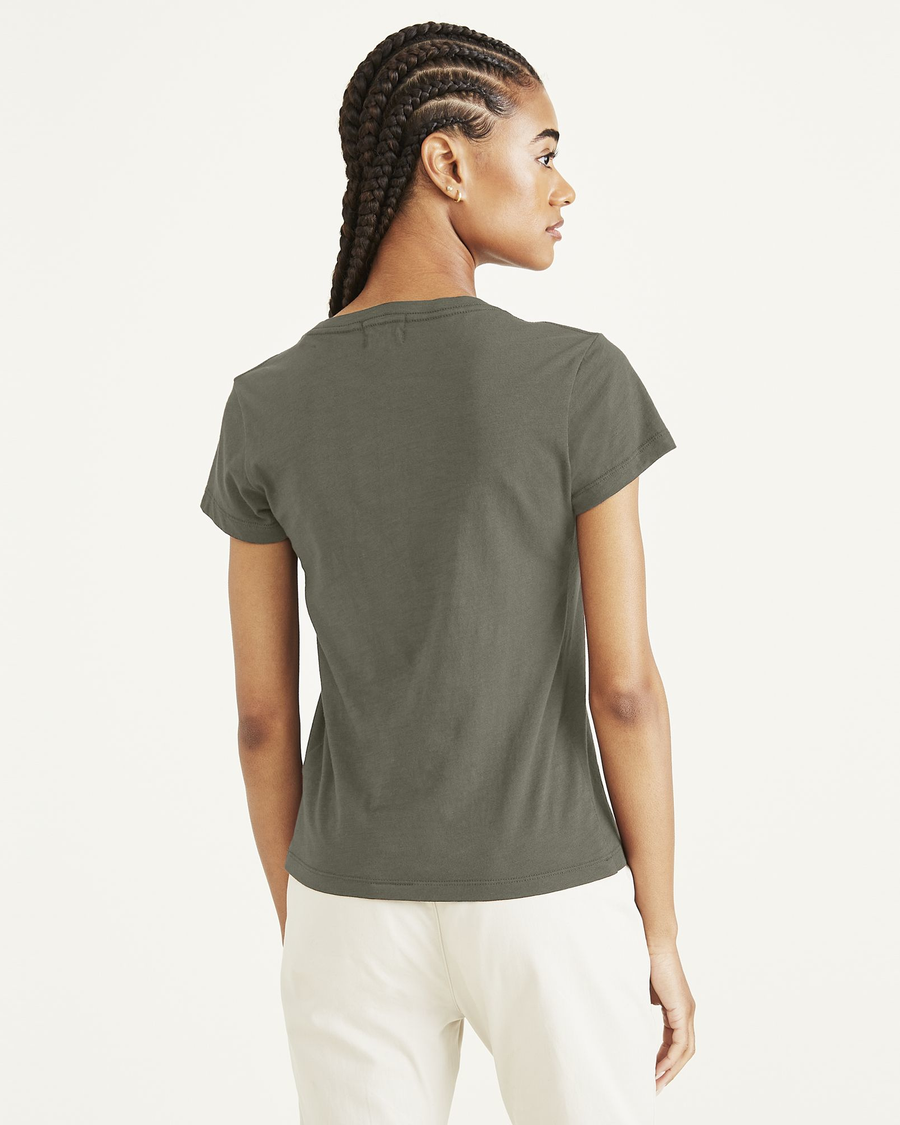 Back view of model wearing Camo V-Neck Tee Shirt, Slim Fit.