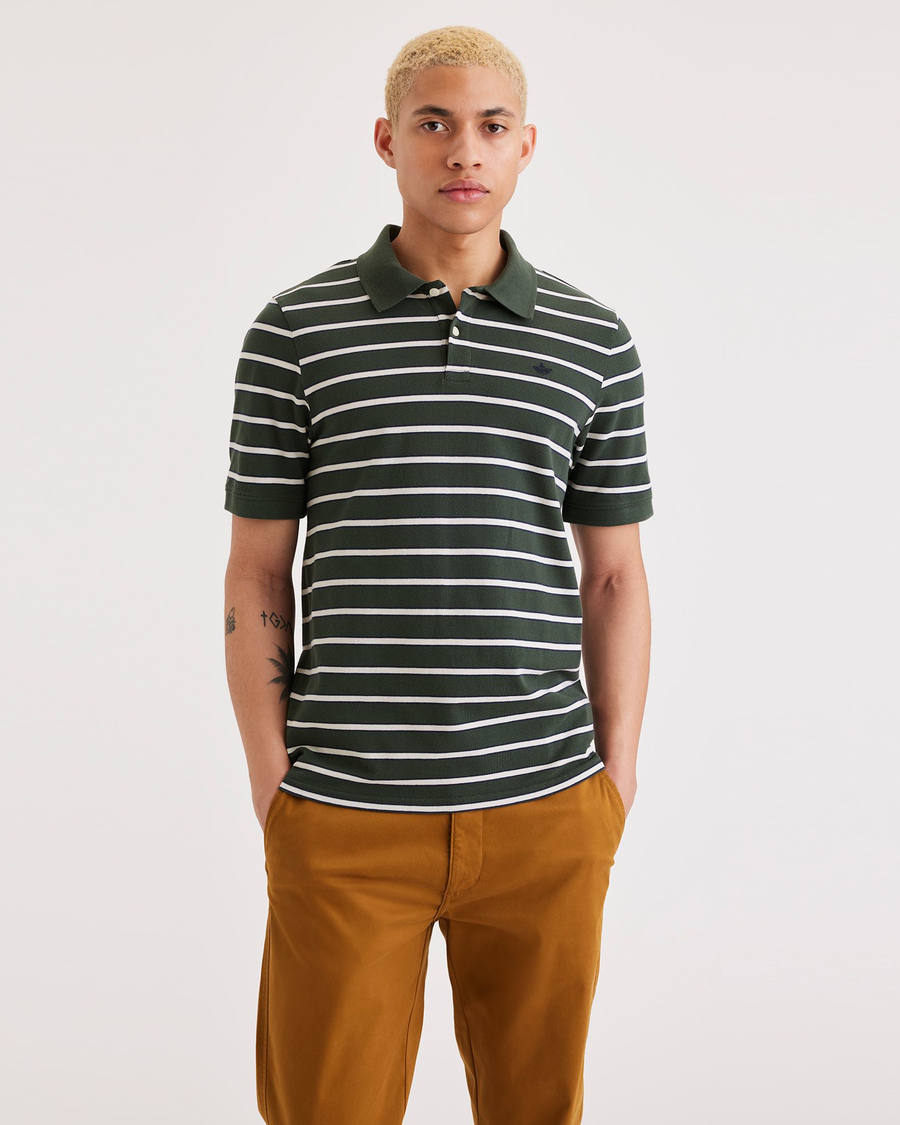 Front view of model wearing Caparis Deep Forest Rib Collar Polo, Slim Fit.