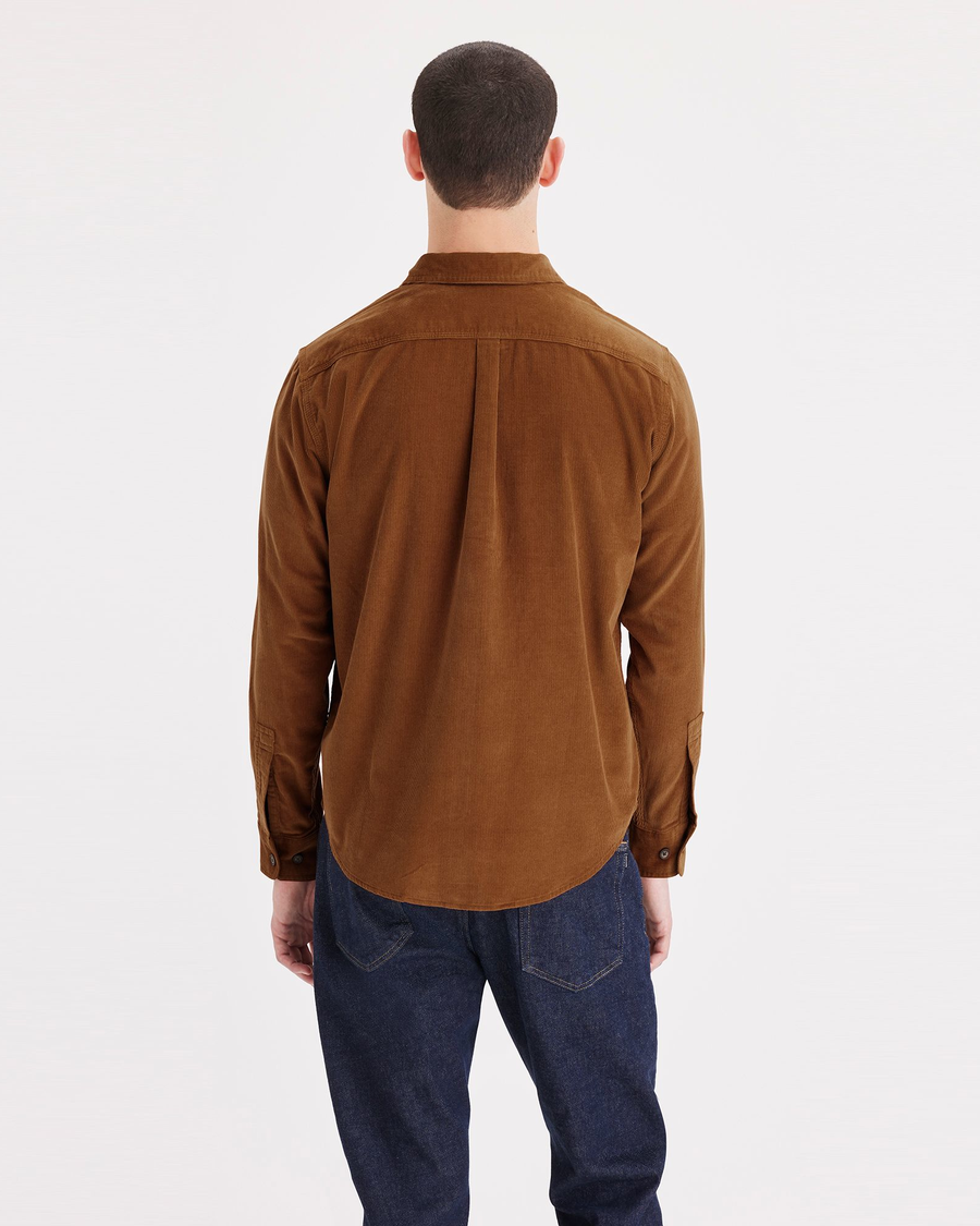 Back view of model wearing Caramel Cafe Work Shirt, Regular Fit.