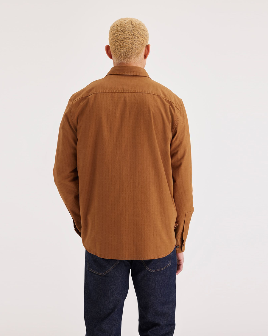 Back view of model wearing Caramel Cafe Workwear Shirt, Regular Fit.