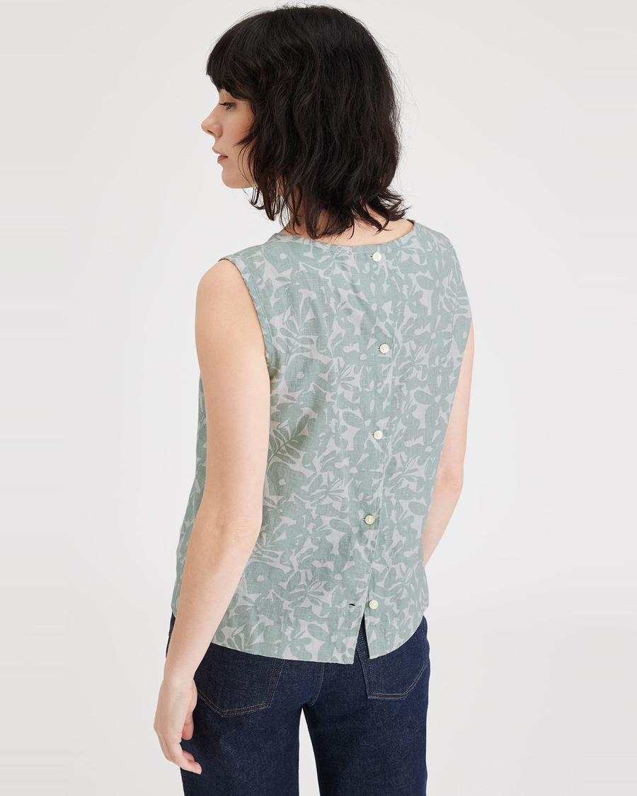 Back view of model wearing Cassia Harbor Grey Button Back Tank, Slim Fit.