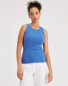 Front view of model wearing Ceramic Blue Knit Tank, Slim Fit.