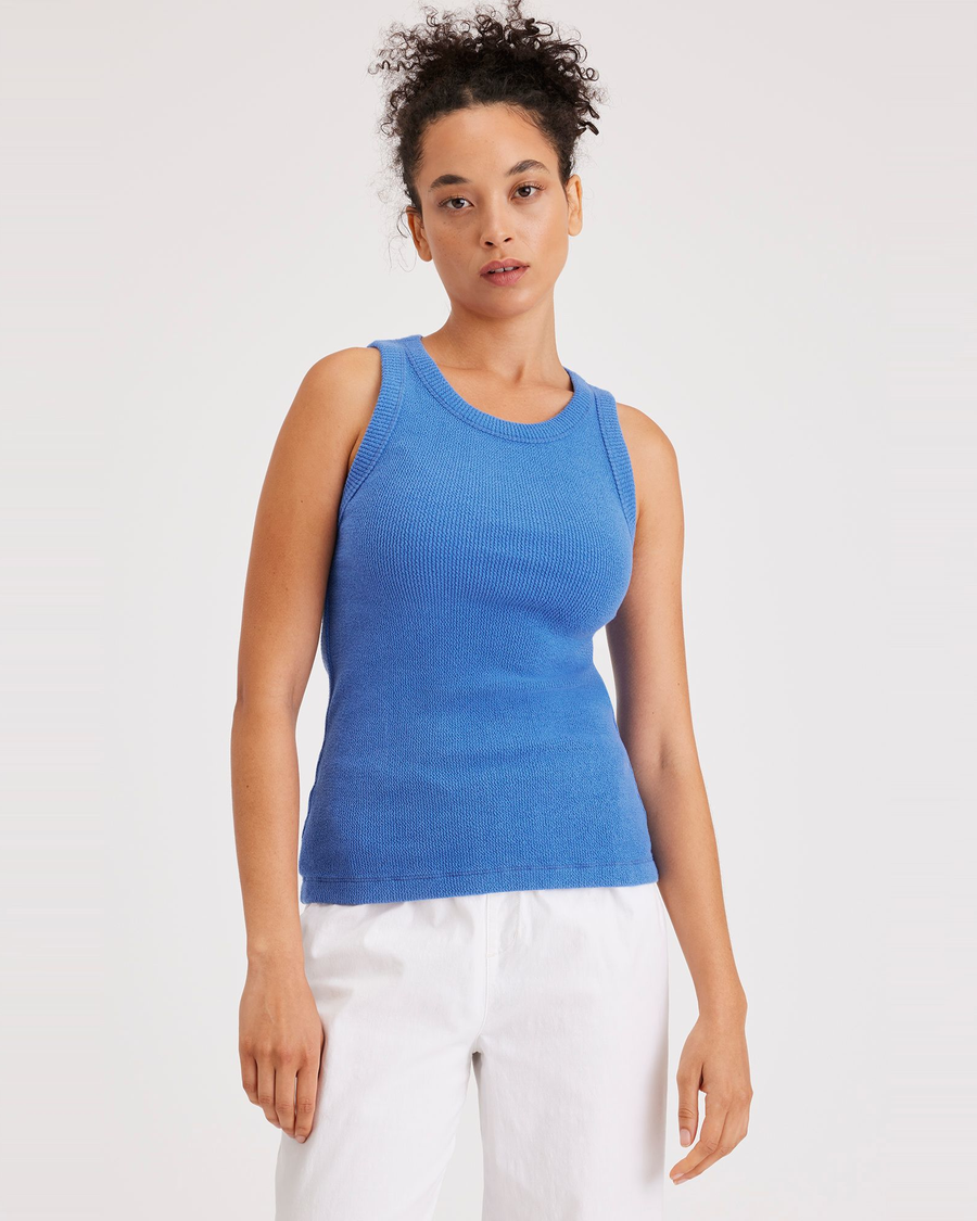 Front view of model wearing Ceramic Blue Knit Tank, Slim Fit.
