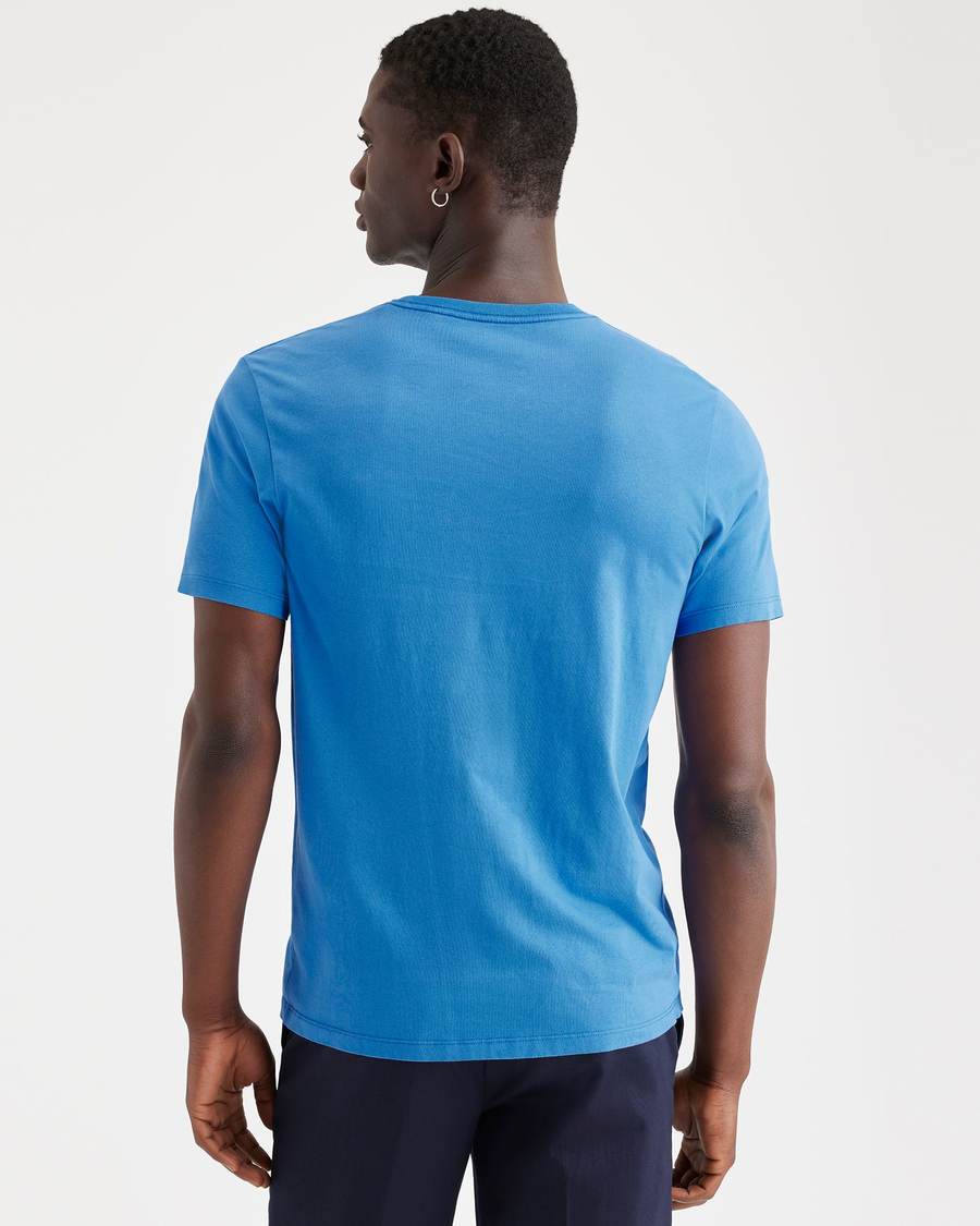 Back view of model wearing Ceramic Blue Worldwide Graphic Tee, Slim Fit.