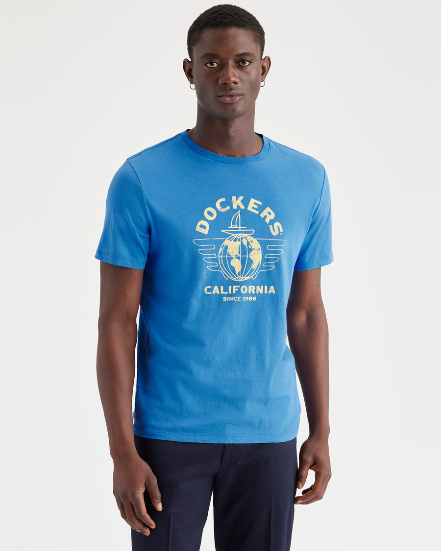 Front view of model wearing Ceramic Blue Worldwide Graphic Tee, Slim Fit.