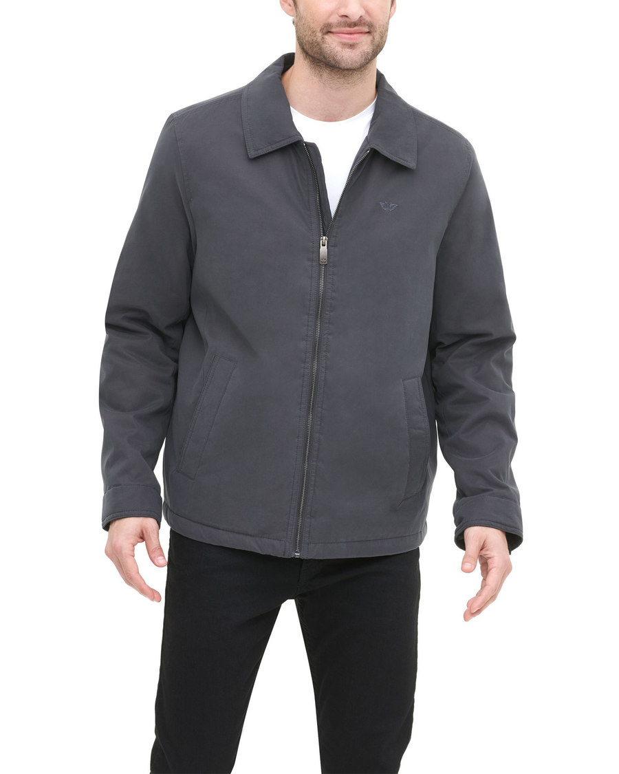 Front view of model wearing Charcoal Collar Jacket, Regular Fit.