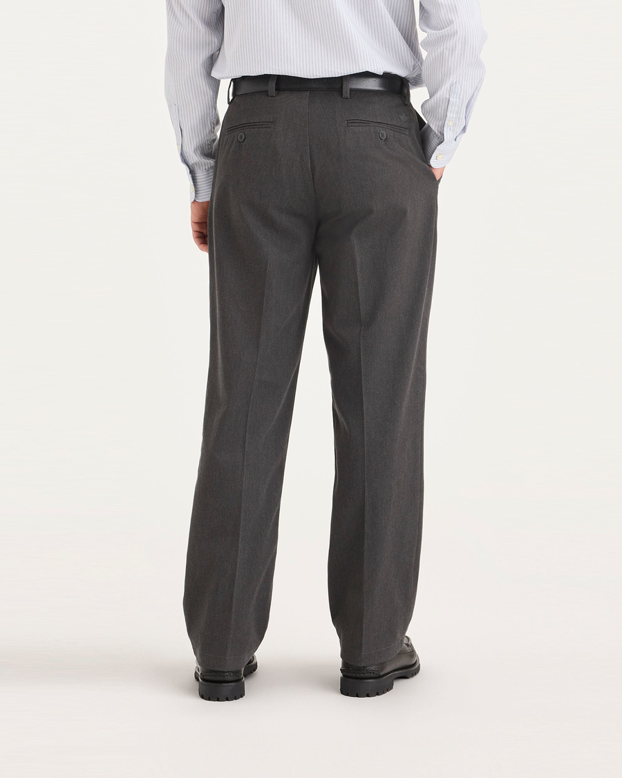 Back view of model wearing Charcoal Heather Signature Iron Free Khakis, Classic Fit with Stain Defender®.