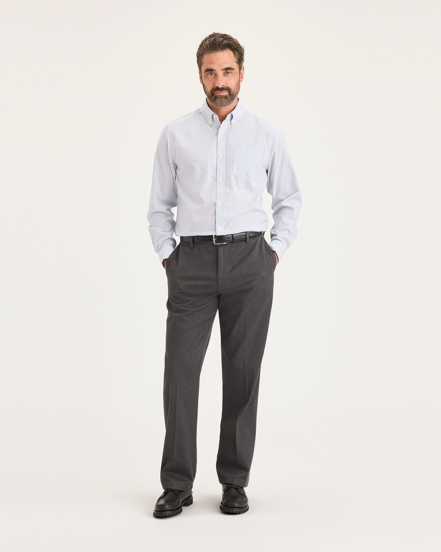 Front view of model wearing Charcoal Heather Signature Iron Free Khakis, Classic Fit with Stain Defender®.