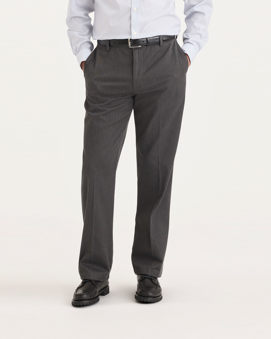 Front view of model wearing Charcoal Heather Signature Iron Free Khakis, Classic Fit with Stain Defender®.