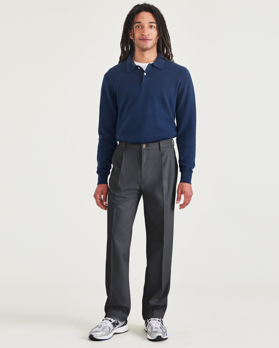 Front view of model wearing Charcoal Heather Signature Iron Free Khakis, Pleated, Relaxed Fit with Stain Defender®.