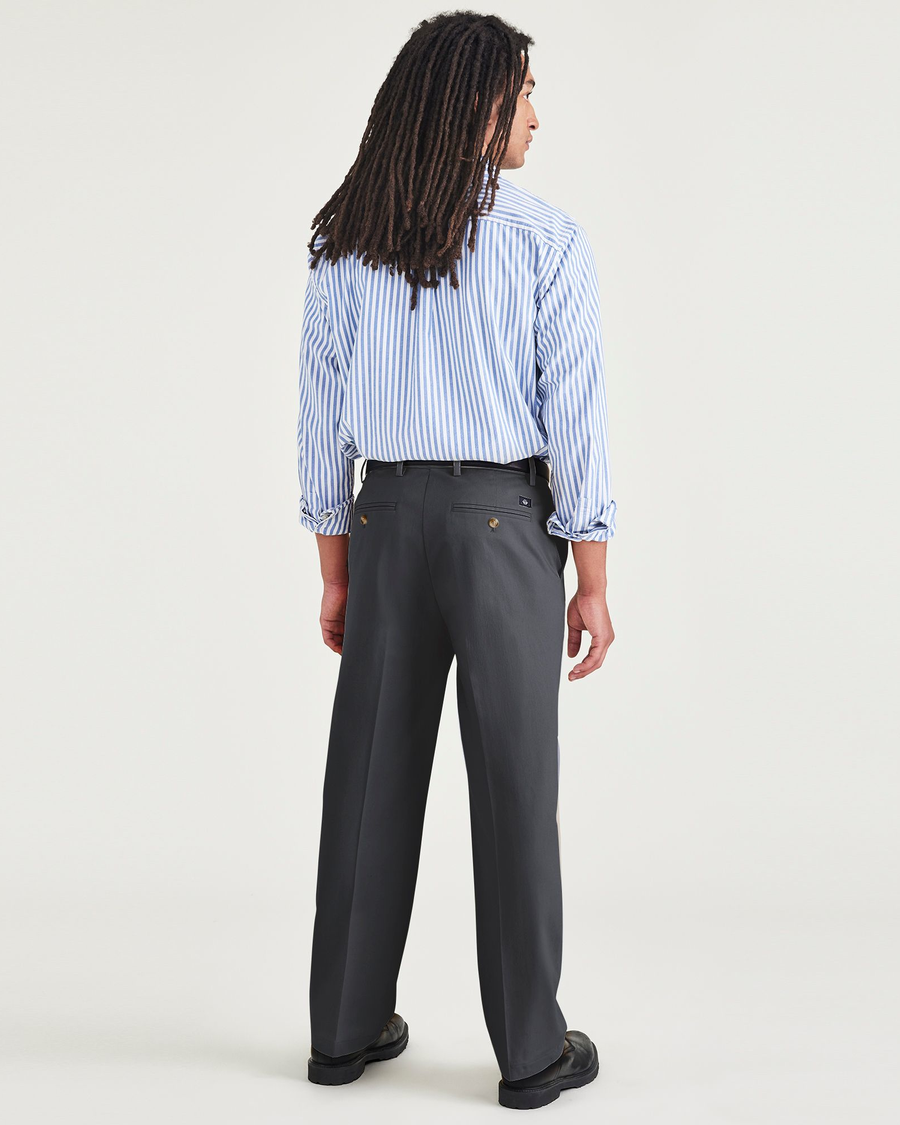 Back view of model wearing Charcoal Heather Signature Iron Free Khakis, Relaxed Fit with Stain Defender®.