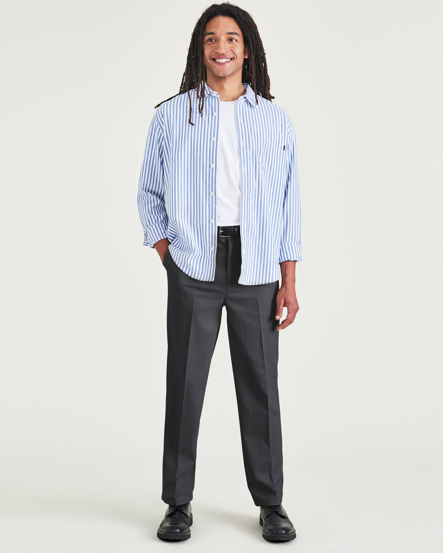 Front view of model wearing Charcoal Heather Signature Iron Free Khakis, Relaxed Fit with Stain Defender®.