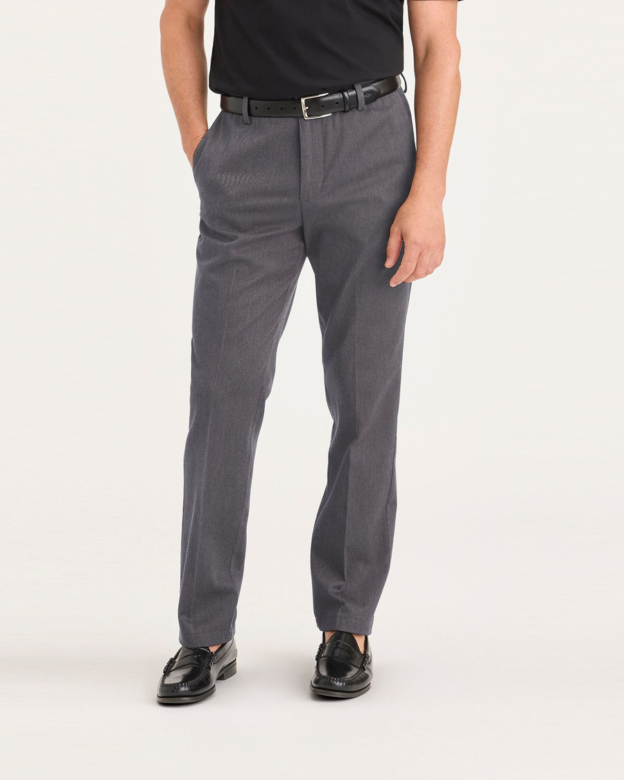 Front view of model wearing Charcoal Heather Signature Iron Free Khakis, Slim Fit with Stain Defender®.