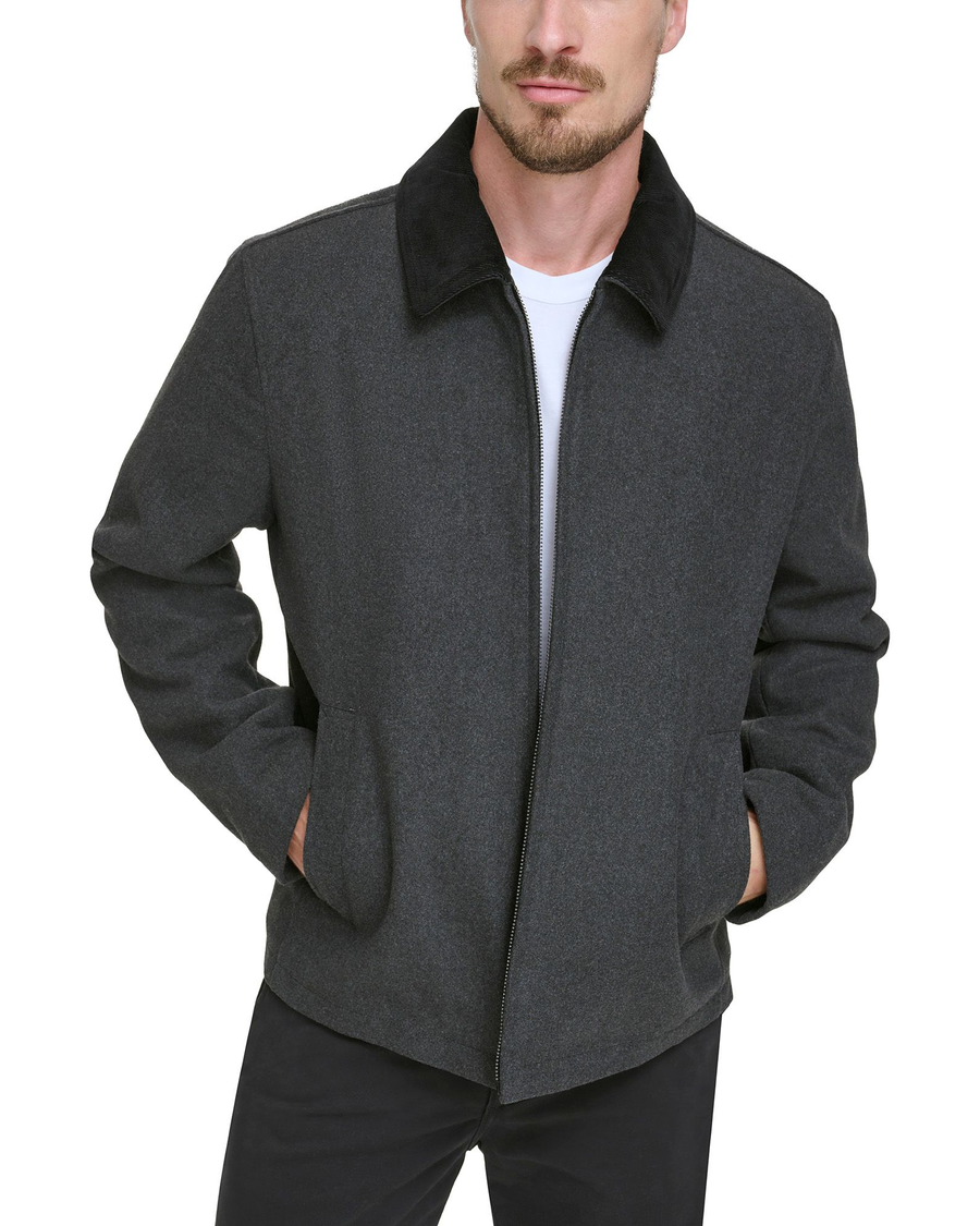 View of model wearing Charcoal Laydown Collar James Dean Jacket with Corduroy Collar.