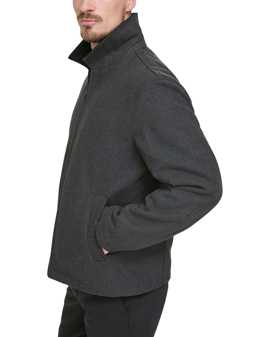 View of model wearing Charcoal Laydown Collar James Dean Jacket with Corduroy Collar.