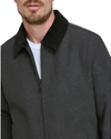 View of model wearing Charcoal Laydown Collar James Dean Jacket with Corduroy Collar.