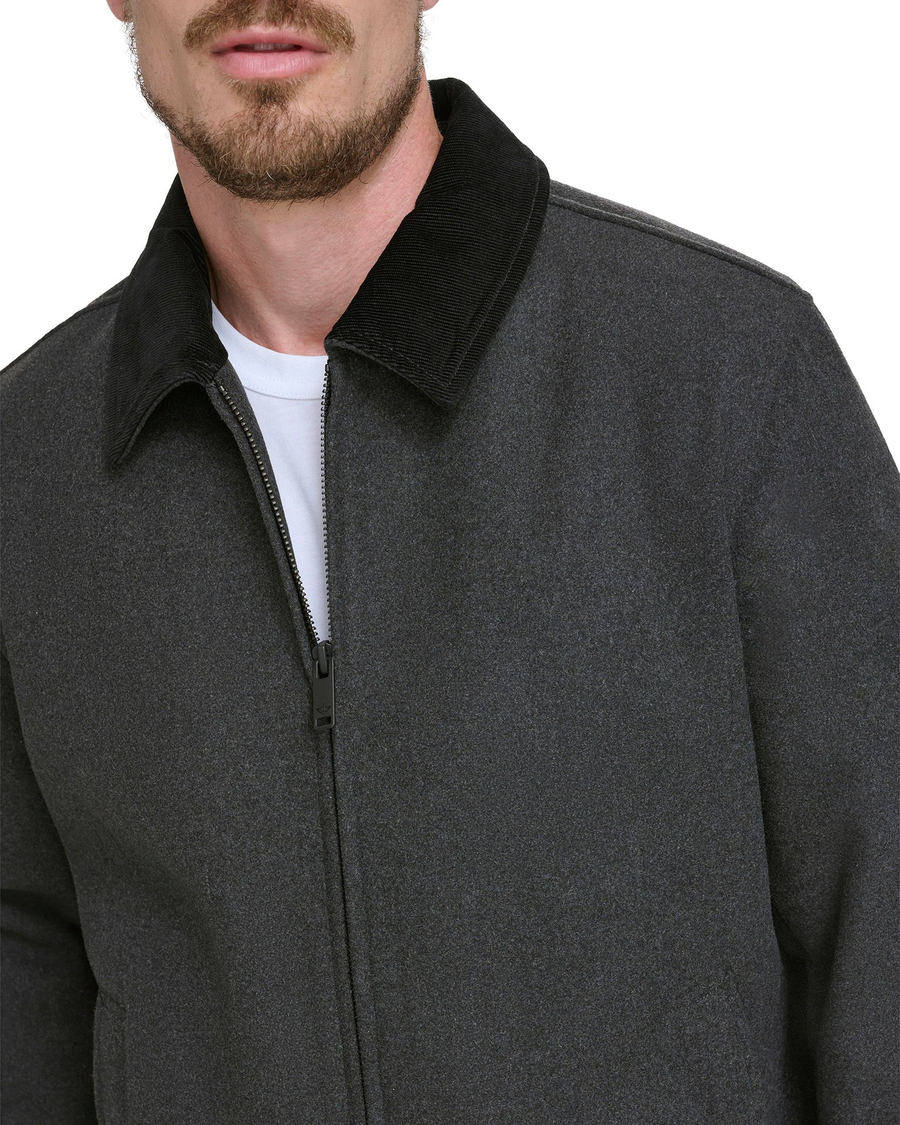 View of model wearing Charcoal Laydown Collar James Dean Jacket with Corduroy Collar.