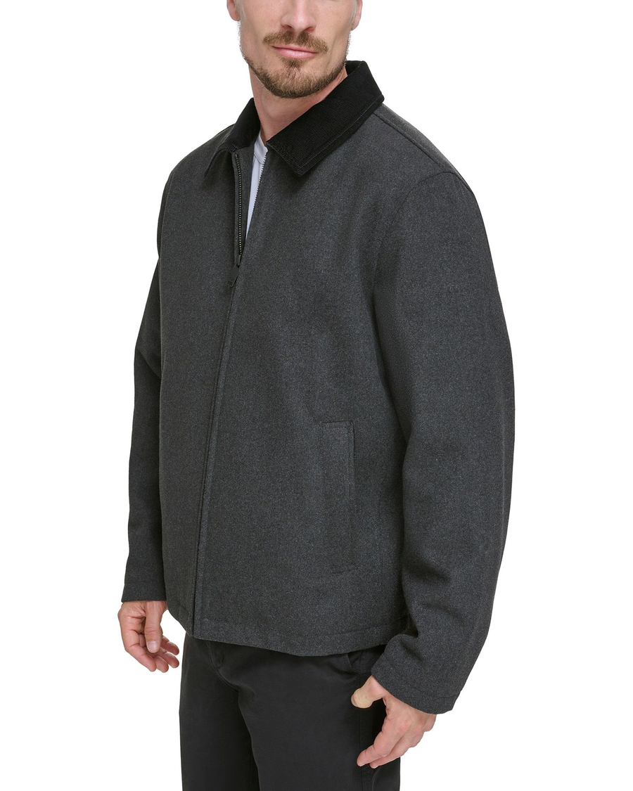 View of model wearing Charcoal Laydown Collar James Dean Jacket with Corduroy Collar.