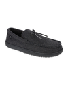Front view of  Charcoal Microsuede Boater Moccasin Slippers.