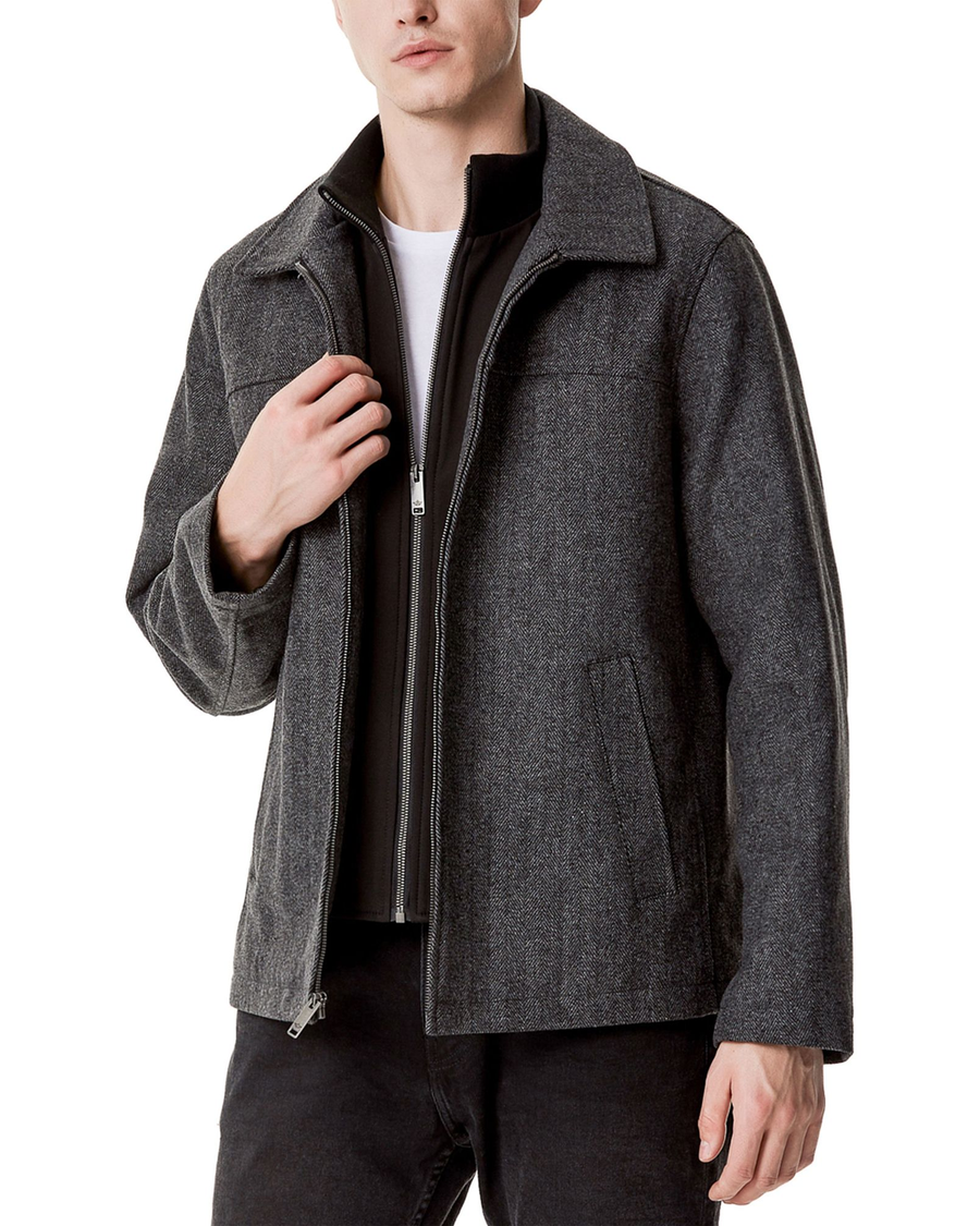 View of model wearing Charcoal Wool Blend Jacket, Regular Fit.