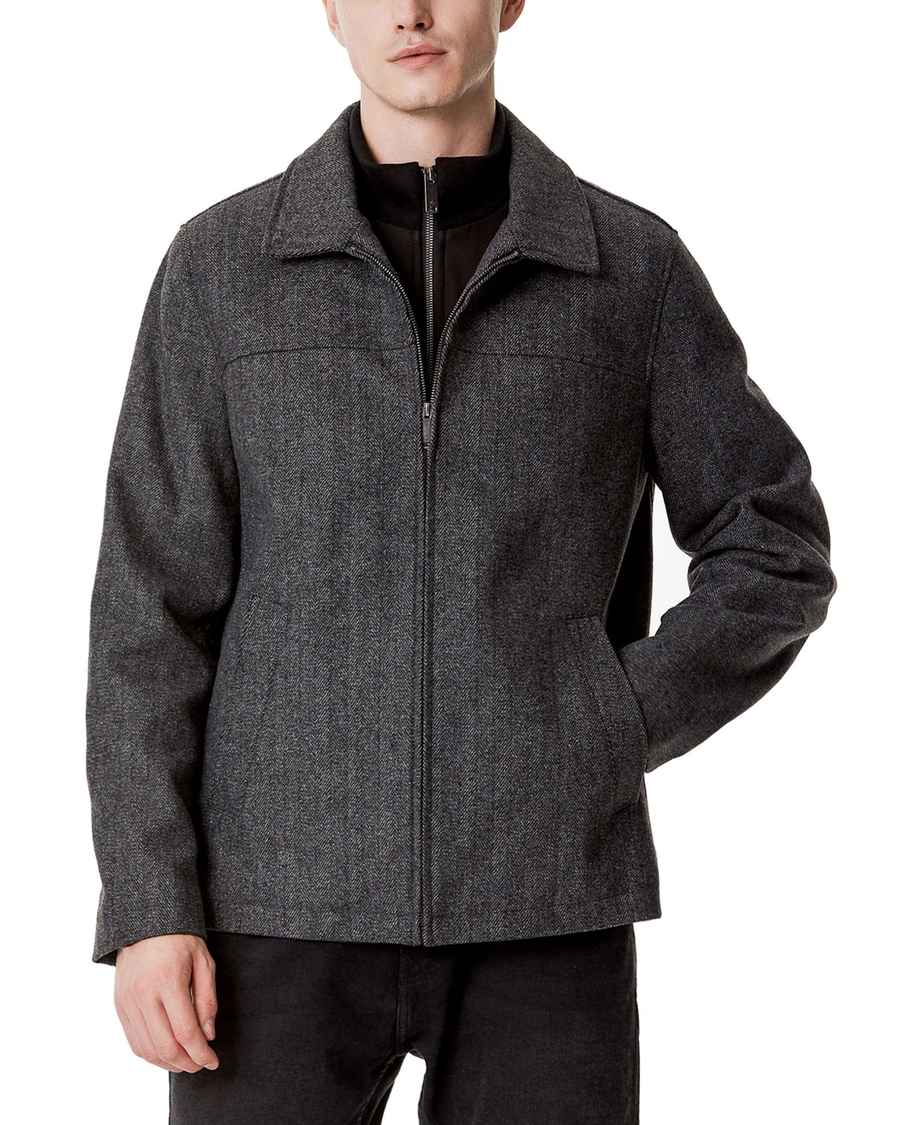 Front view of model wearing Charcoal Wool Blend Jacket, Regular Fit.