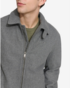 View of model wearing Charcoal Wool Blend Laydown Collar Bomber Jacket.