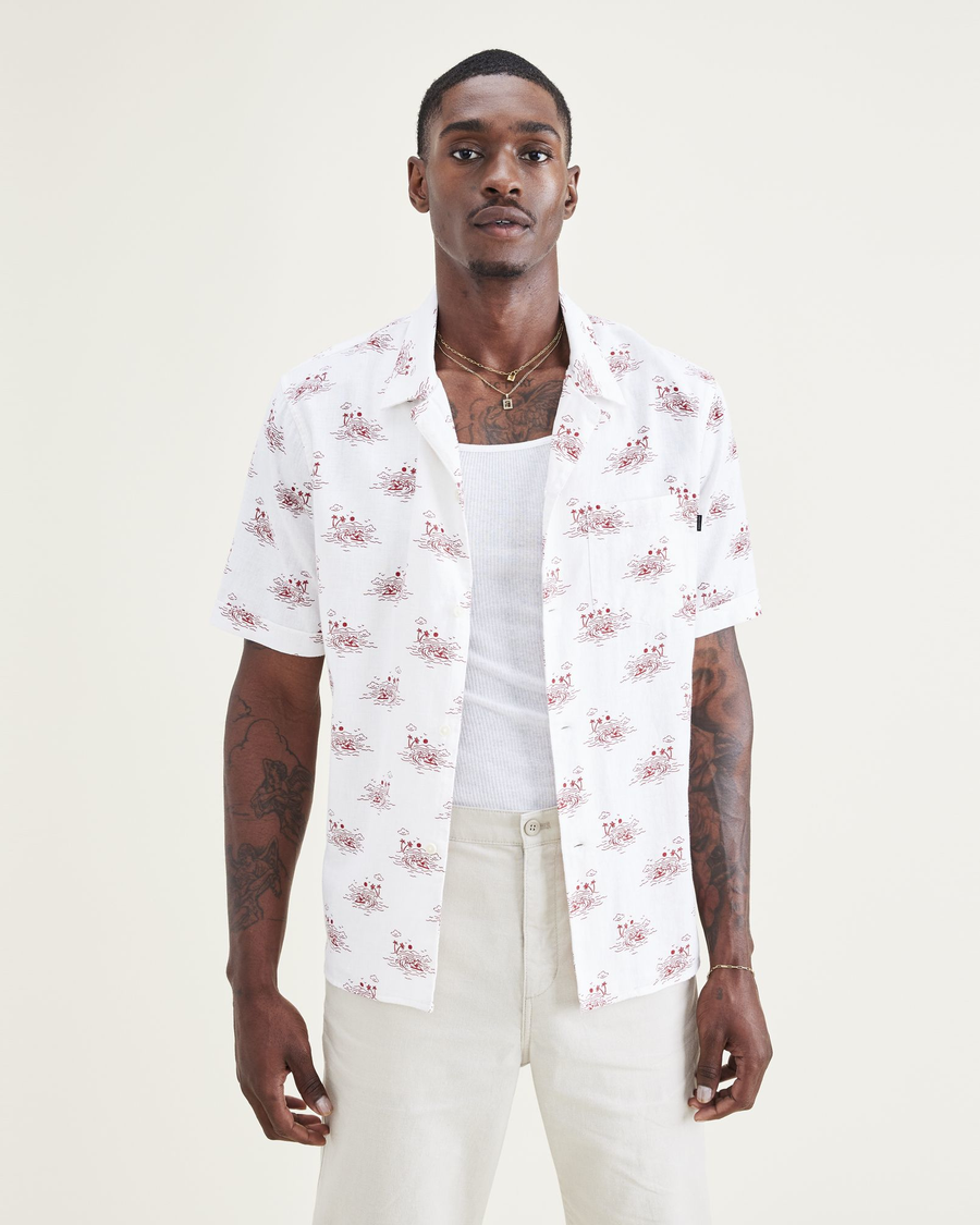 Front view of model wearing Cherry Bomb Camp Collar Shirt, Regular Fit.
