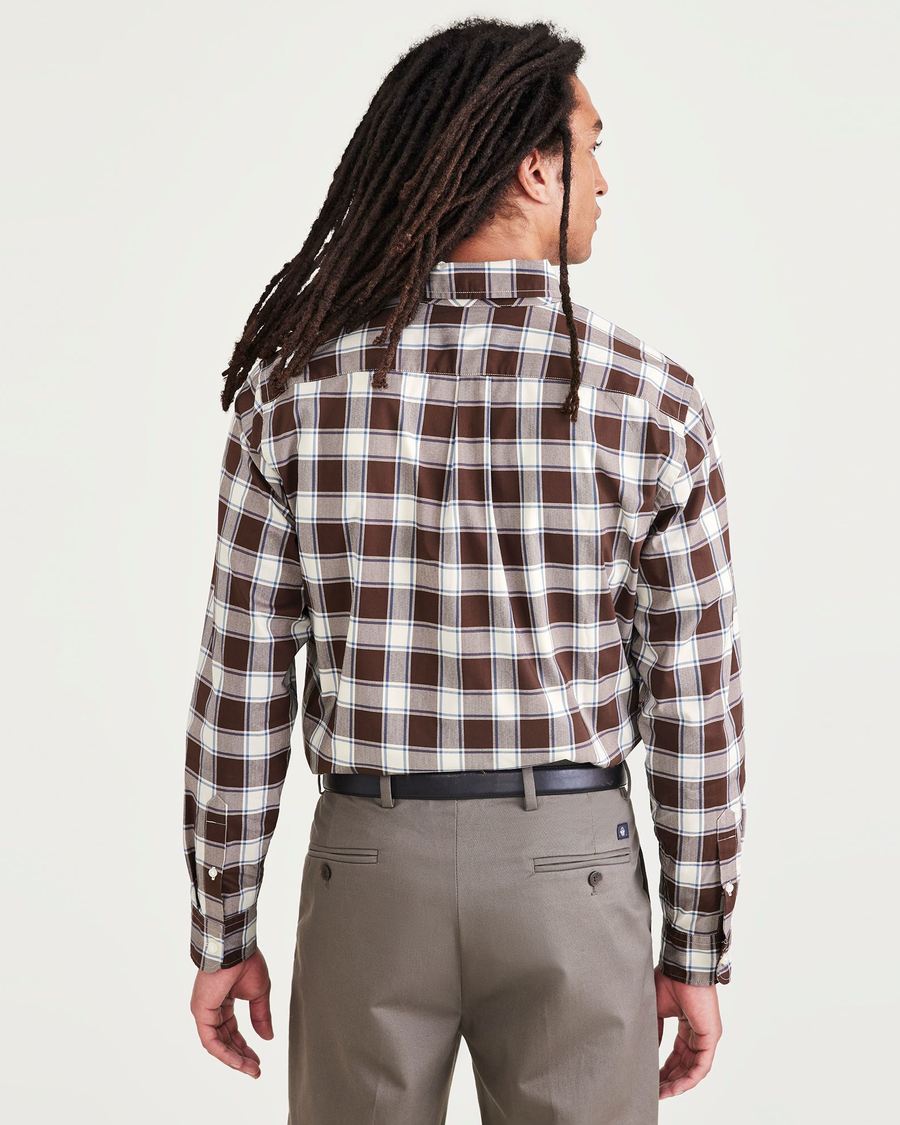 Back view of model wearing Chocolate Signature Comfort Flex Shirt, Classic Fit.