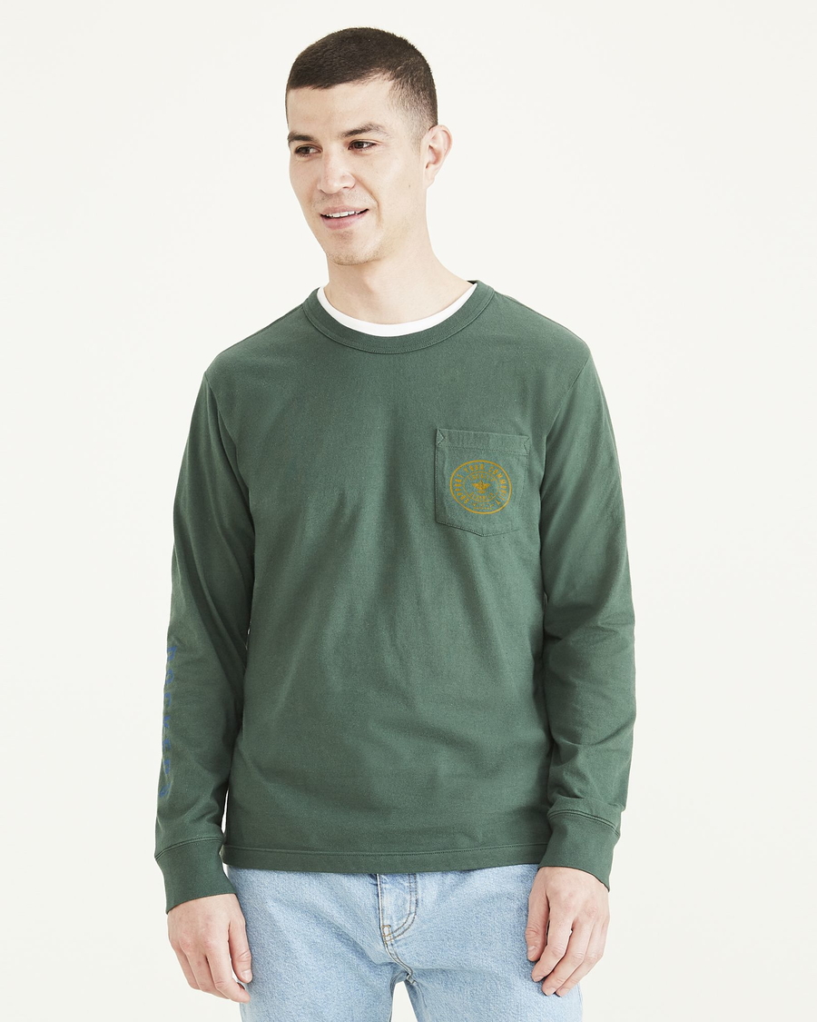 Front view of model wearing Cilantro Long Sleeve Pocket Tee, Regular Fit.