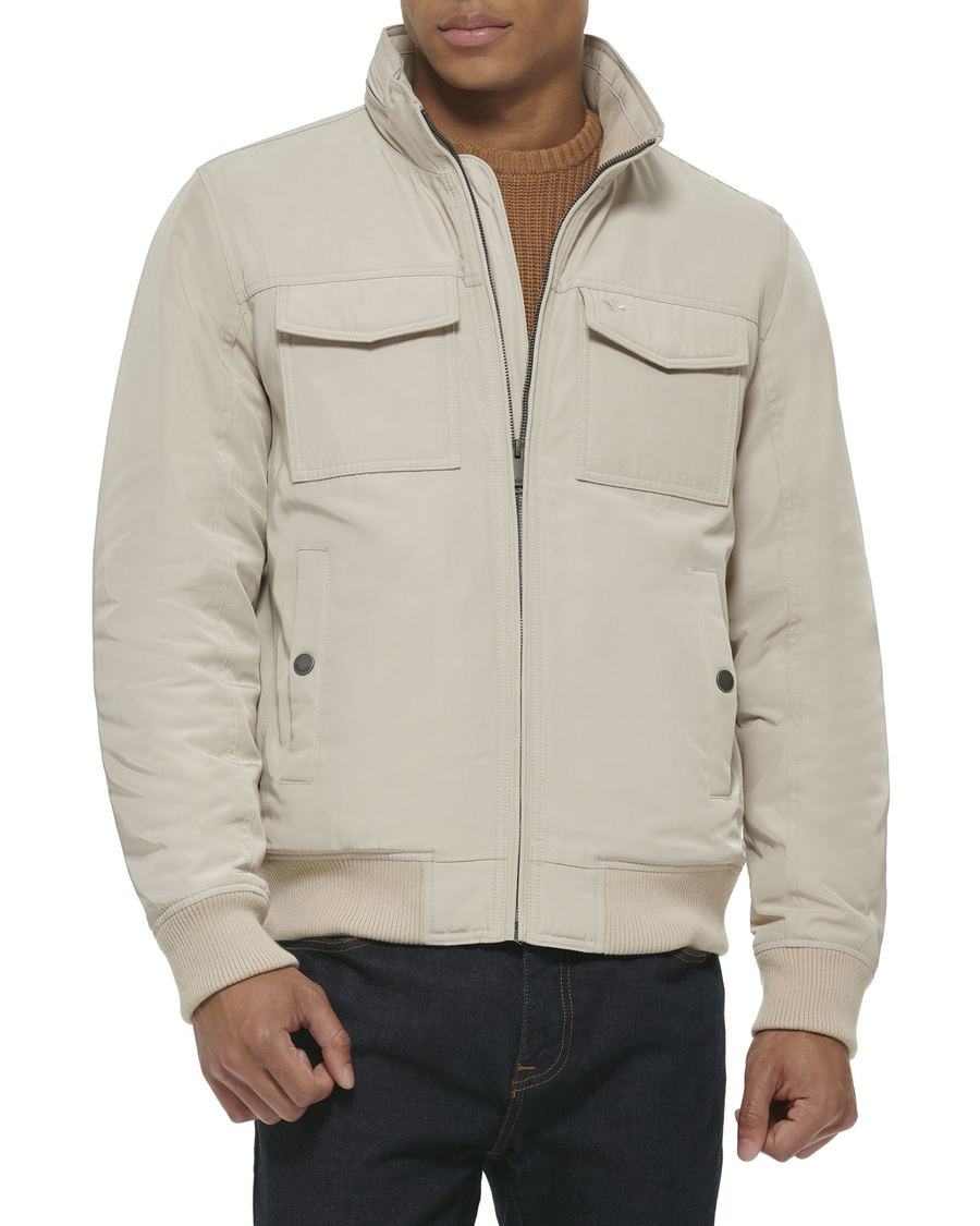 Front view of model wearing Cloud Polytwill 2-Pocket Military Bomber Jacket.