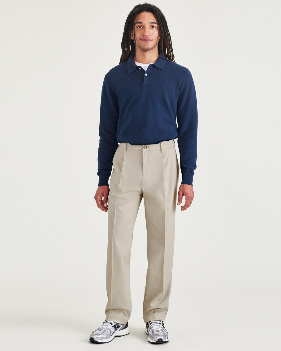 Front view of model wearing Cloud Signature Iron Free Khakis, Pleated, Relaxed Fit with Stain Defender®.