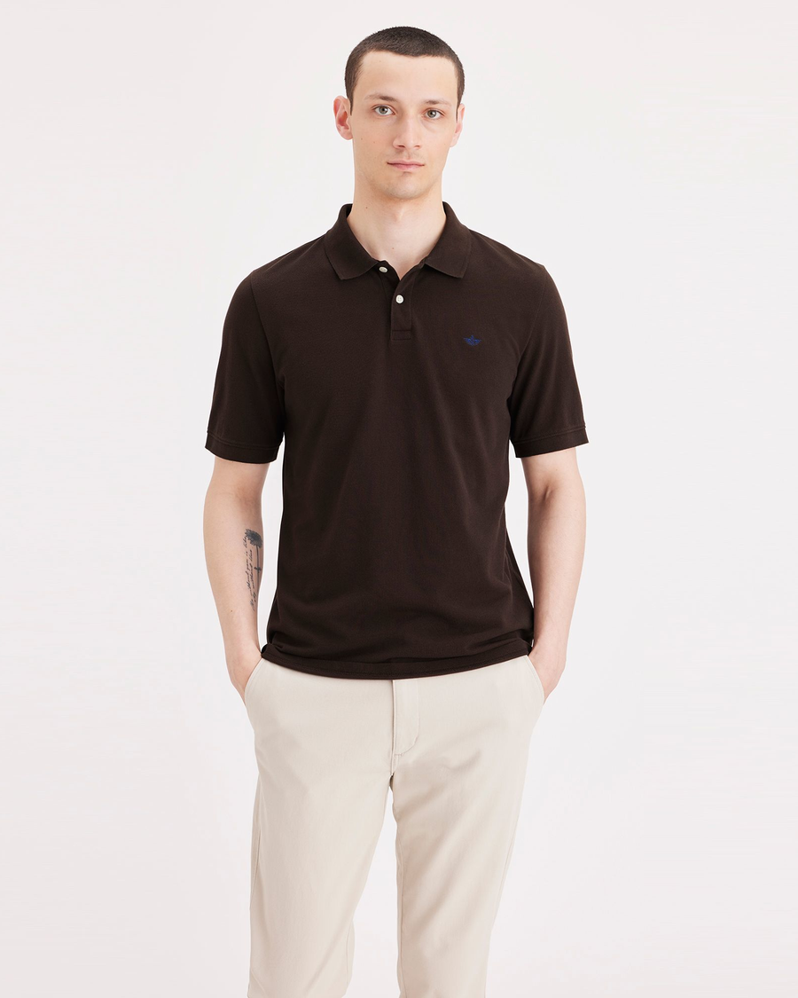 Front view of model wearing Coffee Bean Rib Collar Polo, Slim Fit.