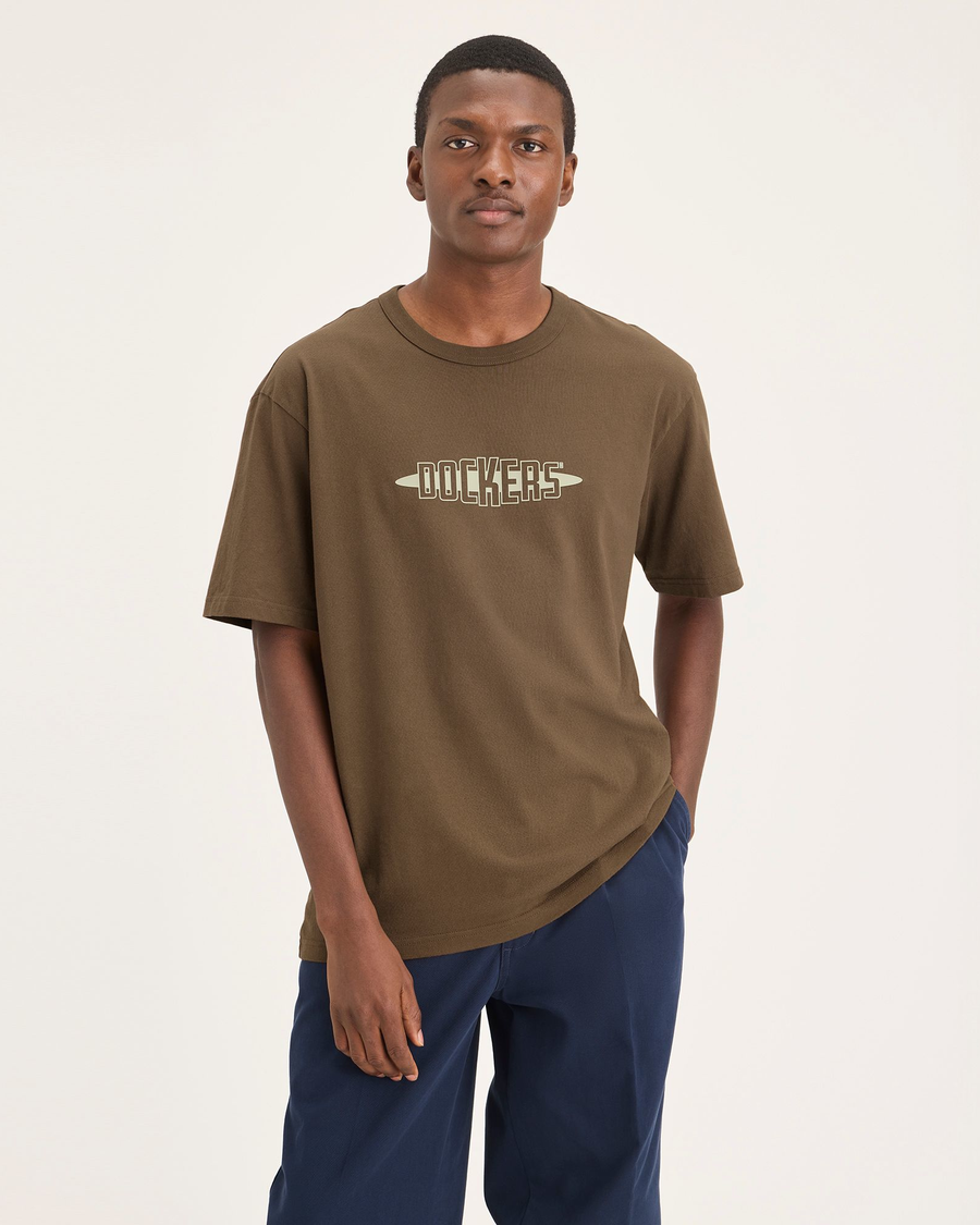 Front view of model wearing Coffee Liquor Eighty-Six Tee, Relaxed Fit.