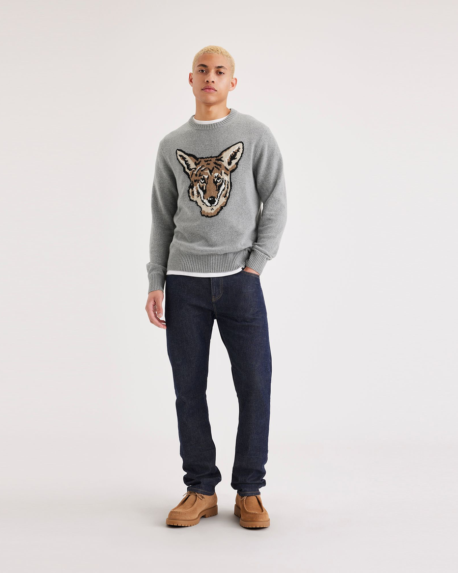 View of model wearing Coyote Intarsia Crewneck Sweater, Regular Fit.