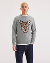 Front view of model wearing Coyote Intarsia Crewneck Sweater, Regular Fit.