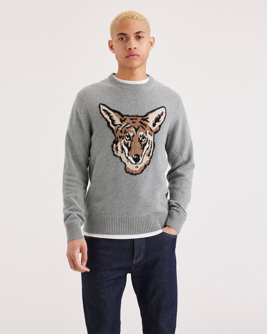 Front view of model wearing Coyote Intarsia Crewneck Sweater, Regular Fit.