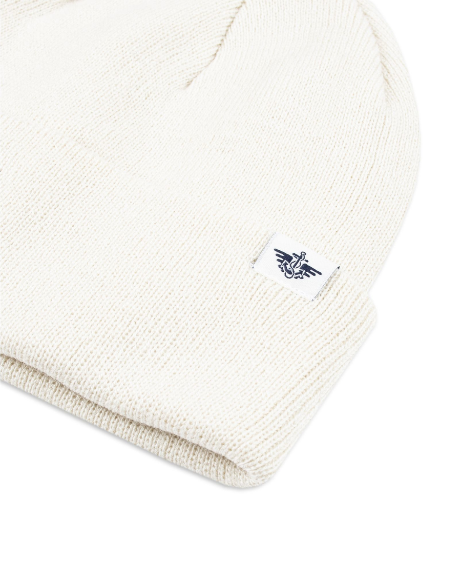 View of  Cream Double Knit Recycled Fisherman Beanie.