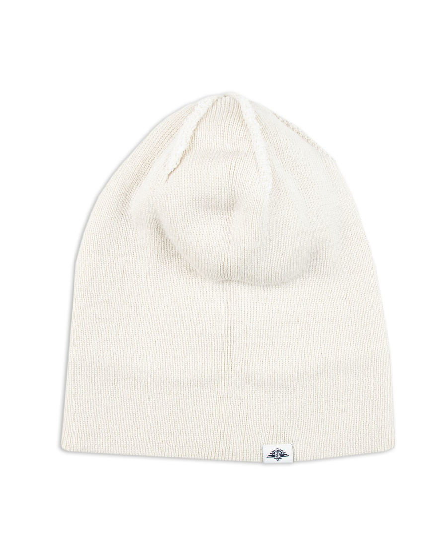 Back view of  Cream Double Knit Recycled Fisherman Beanie.