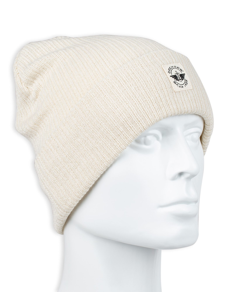 View of  Cream Recycled Double Knit Ribbed Beanie w/ Woven Seasonal Graphic.