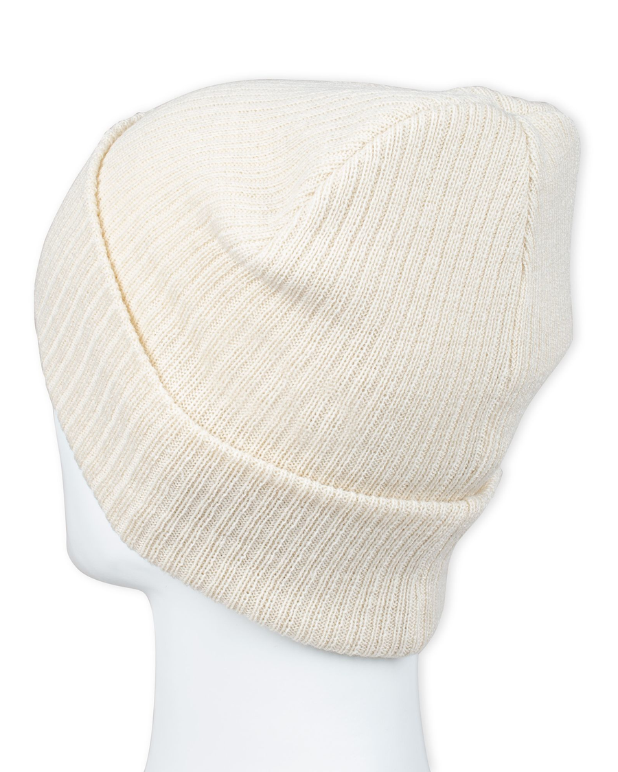 Back view of  Cream Recycled Double Knit Ribbed Beanie w/ Woven Seasonal Graphic.