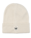 Front view of  Cream Recycled Double Knit Ribbed Beanie w/ Woven Seasonal Graphic.