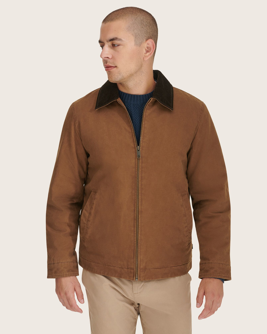 View of model wearing Cub Laydown Collar Worker Jacket.