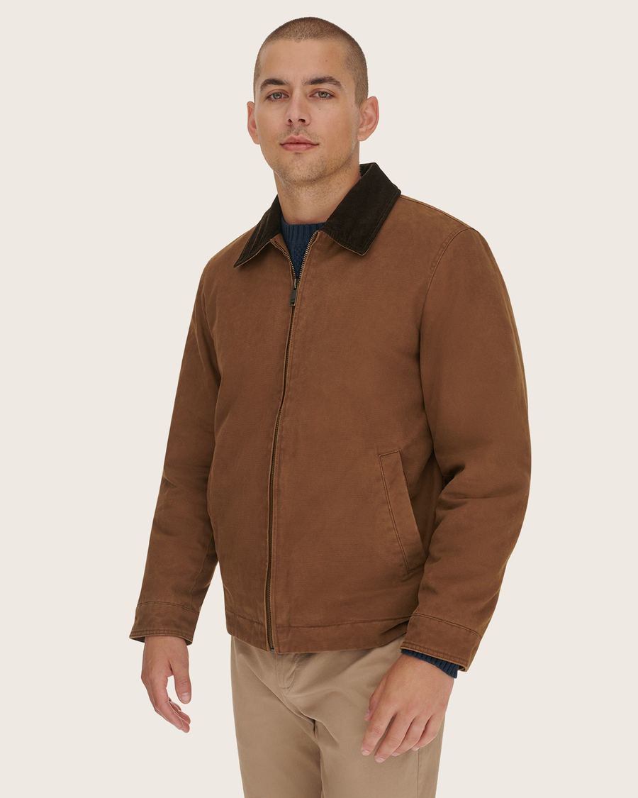 View of model wearing Cub Laydown Collar Worker Jacket.