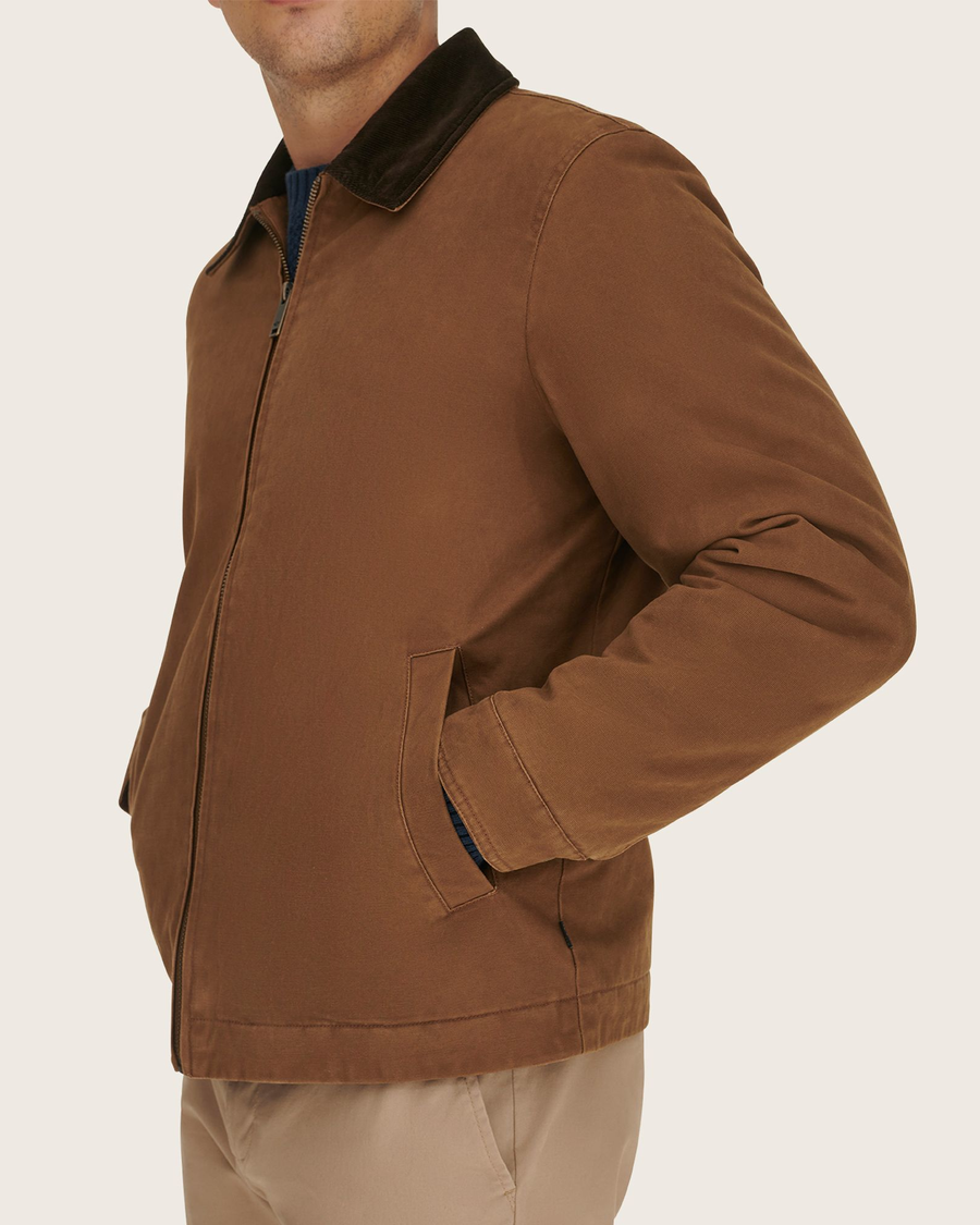 View of model wearing Cub Laydown Collar Worker Jacket.