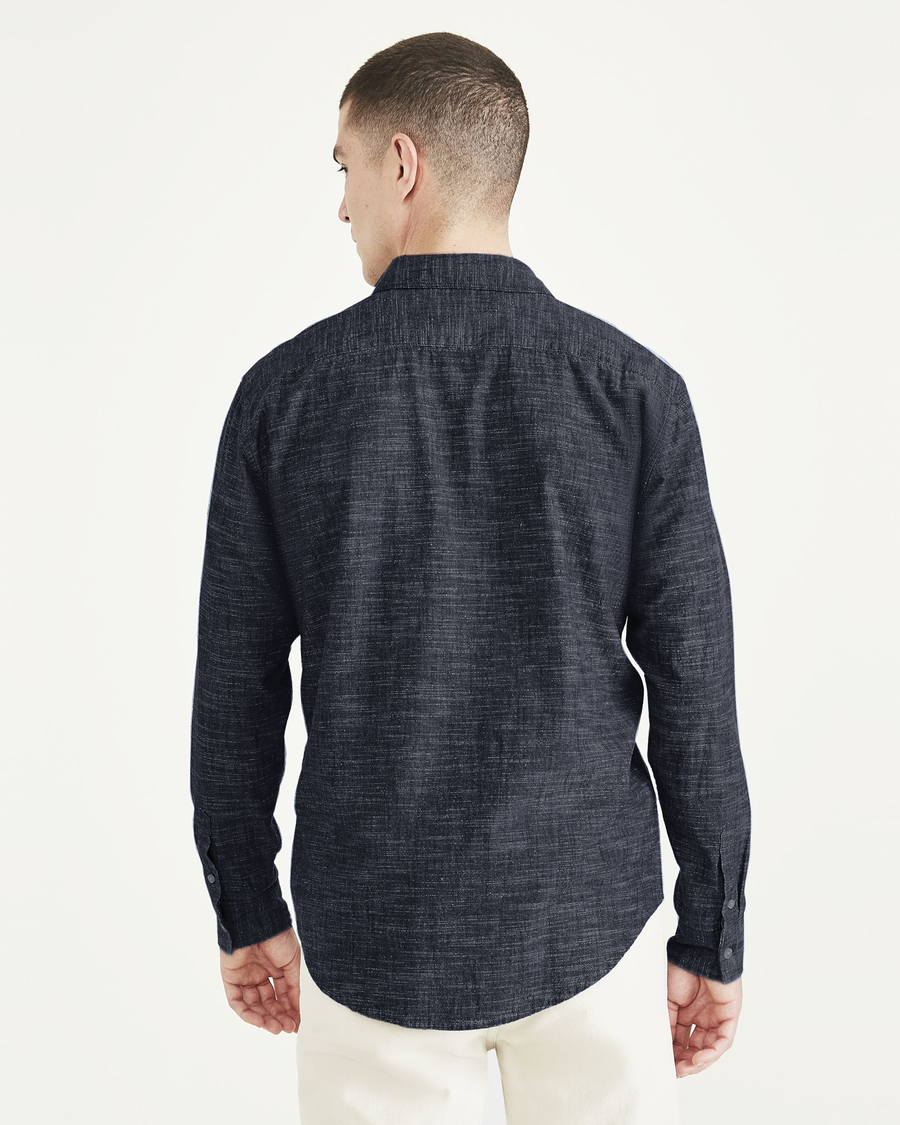 Back view of model wearing Dark Blue Acid Wash Casual Shirt, Regular Fit (Big and Tall).