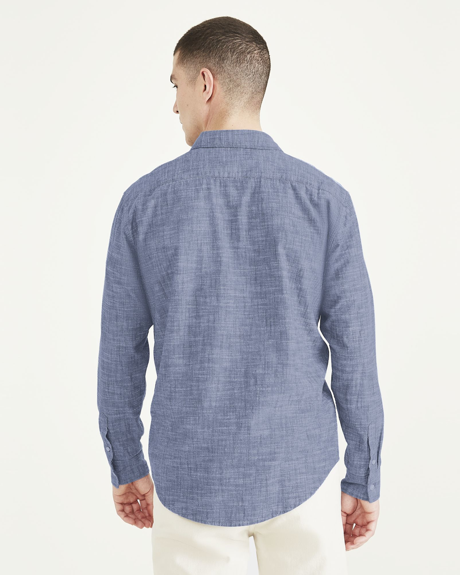 Back view of model wearing Dark Blue Acid Wash Ultimate Shirt, Regular Fit.