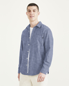 Front view of model wearing Dark Blue Acid Wash Ultimate Shirt, Regular Fit.