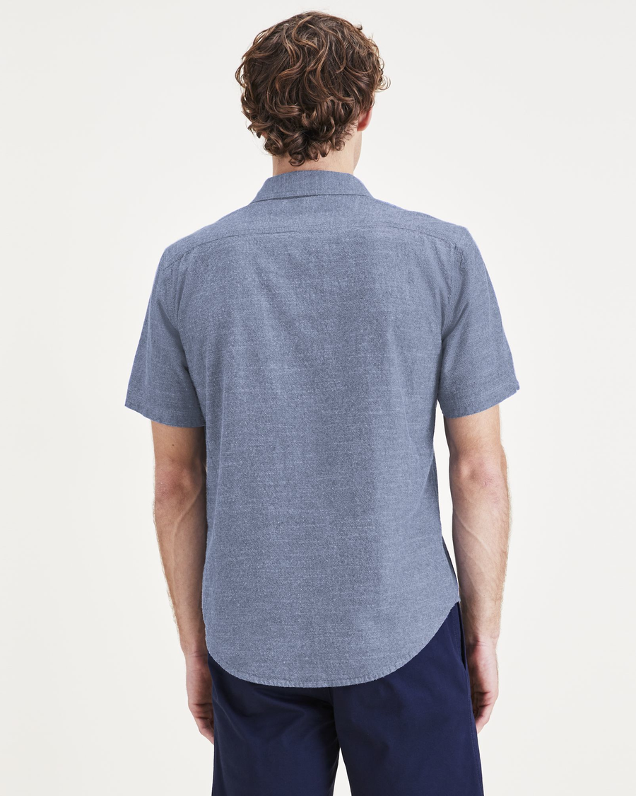 Back view of model wearing Dark Blue Acid Wash Utility Shirt, Regular Fit.